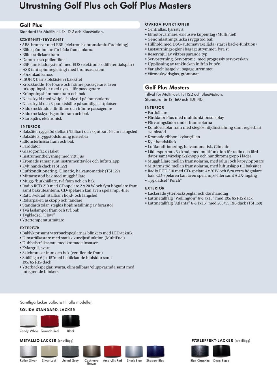 differentialspärr) + ASR (antispinnreglering) med bromsassistent Förzinkad kaross ISOFIX barnstolsfästen i baksätet Krockkudde för förare och främre passagerare, även urkopplingsbar med nyckel för