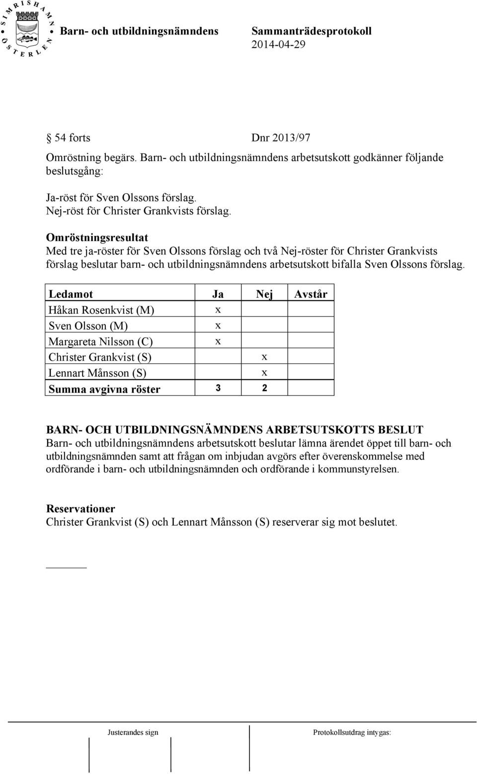 Omröstningsresultat Med tre ja-röster för Sven Olssons förslag och två Nej-röster för Christer Grankvists förslag beslutar barn- och utbildningsnämndens arbetsutskott bifalla Sven Olssons förslag.