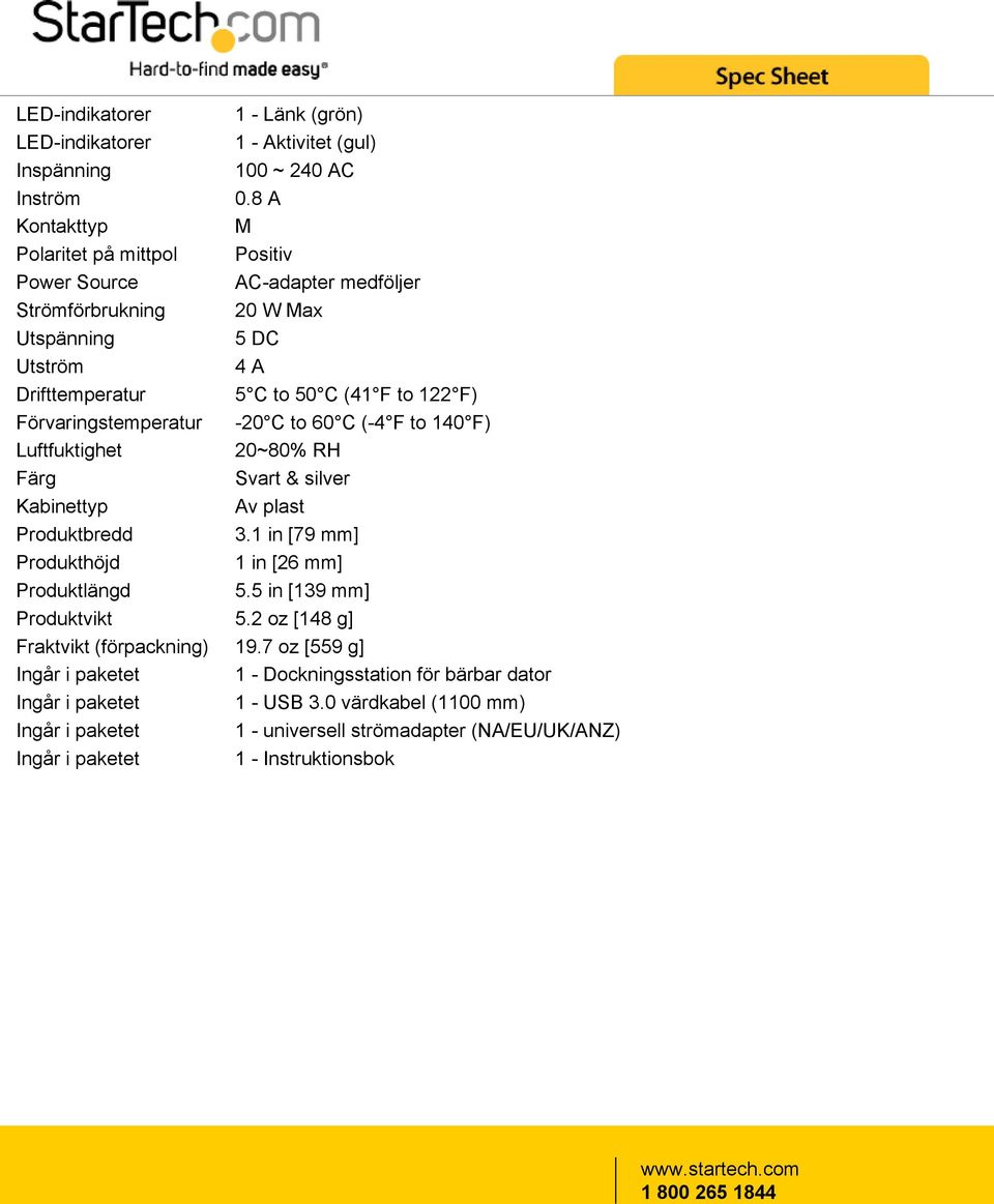 Förvaringstemperatur -20 C to 60 C (-4 F to 140 F) Luftfuktighet 20~80% RH Färg Svart & silver Kabinettyp Av plast Produktbredd 3.1 in [79 mm] Produkthöjd 1 in [26 mm] Produktlängd 5.