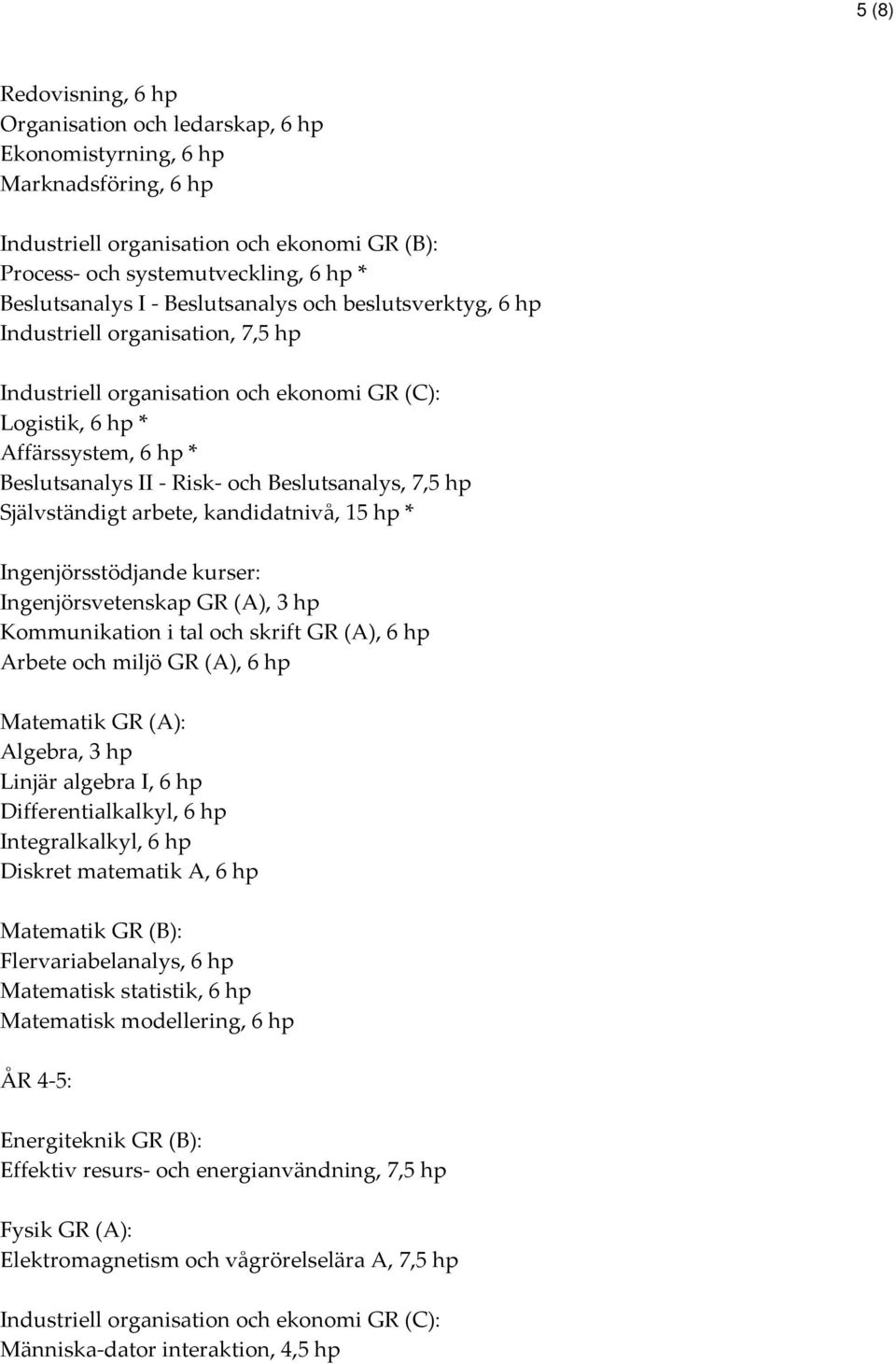 Beslutsanalys, 7,5 hp Självständigt arbete, kandidatnivå, 15 hp * Ingenjörsstödjande kurser: Ingenjörsvetenskap GR (A), 3 hp Kommunikation i tal och skrift GR (A), 6 hp Arbete och miljö GR (A), 6 hp