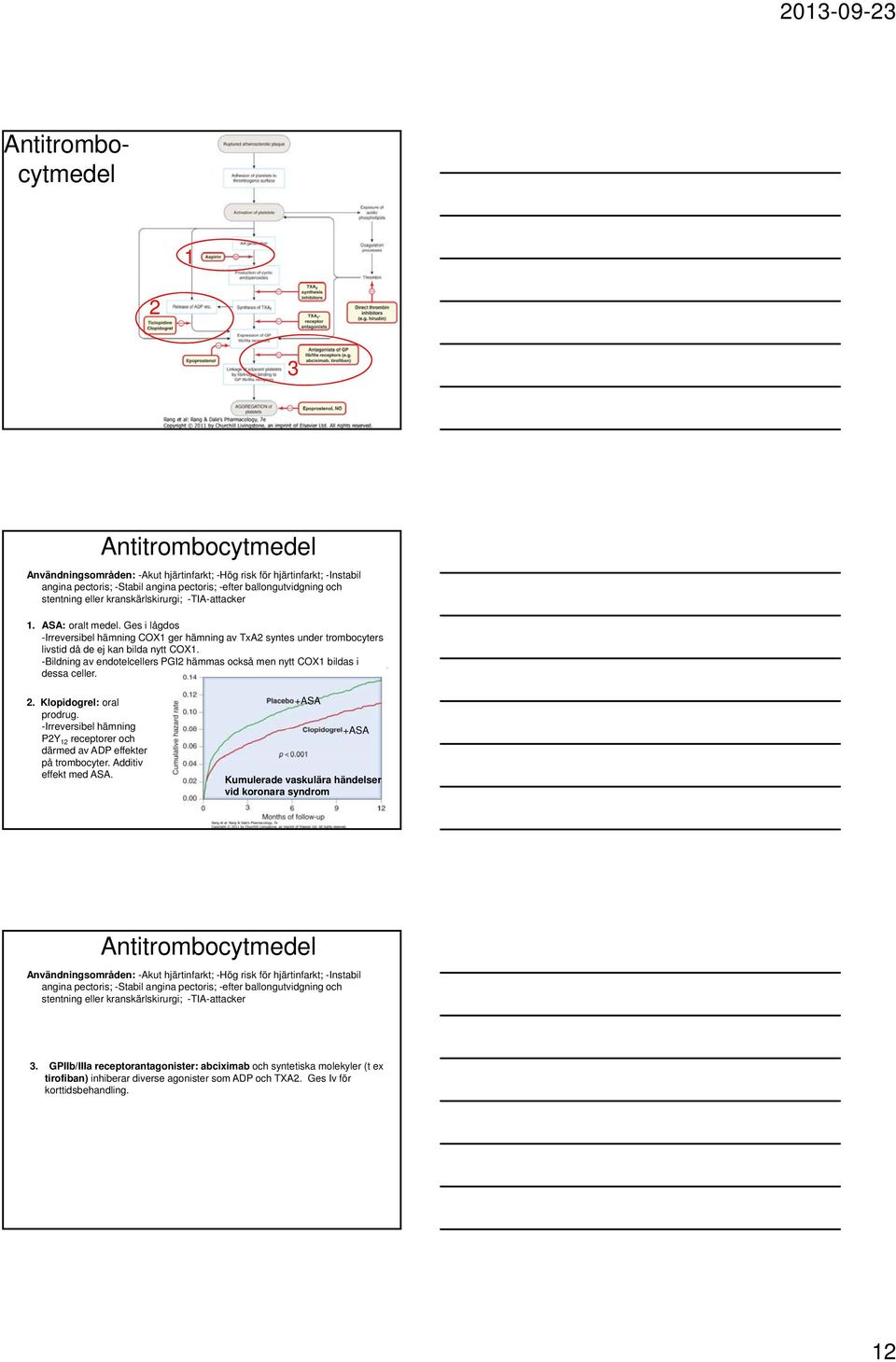 -Bildning av endotelcellers PGI hämmas också men nytt COX bildas i dessa celler.. Klopidogrel: oral prodrug. -Irreversibel hämning PY receptorer och därmed av ADP effekter på trombocyter.