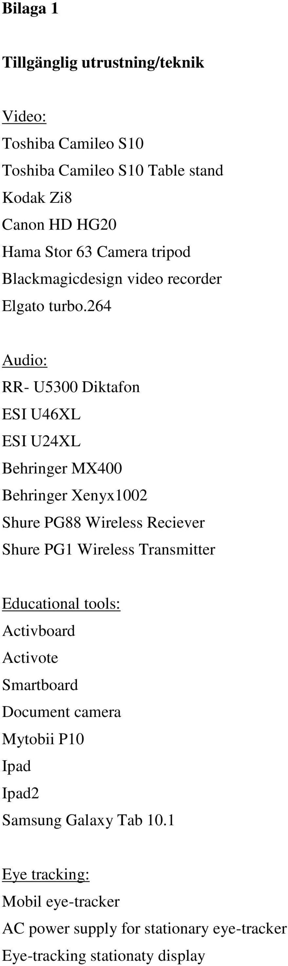 264 Audio: RR- U5300 Diktafon ESI U46XL ESI U24XL Behringer MX400 Behringer Xenyx1002 Shure PG88 Wireless Reciever Shure PG1 Wireless