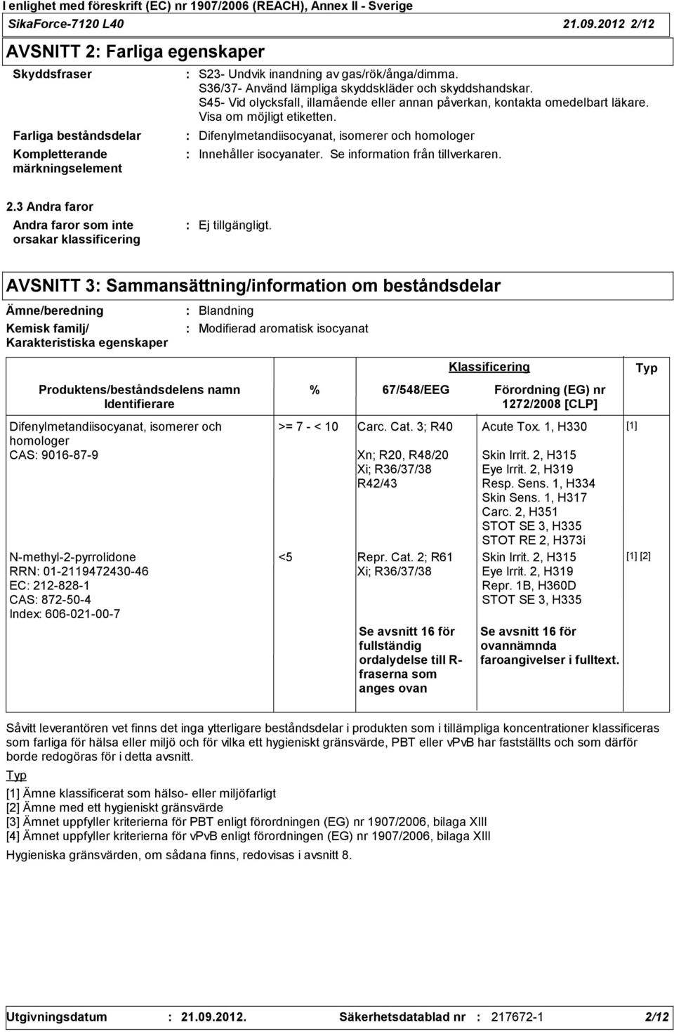 Difenylmetandiisocyanat, isomerer och homologer Innehåller isocyanater. Se information från tillverkaren. 2.