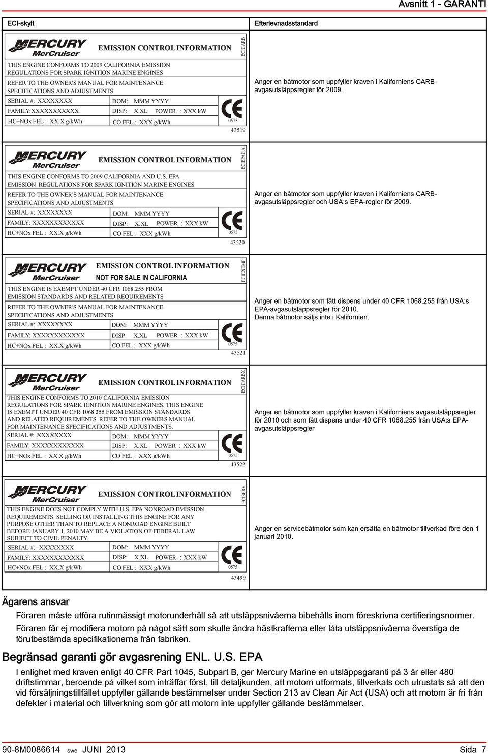 XL POWER CO FEL : XXX g/kwh : XXX kw 0575 43519 Anger en båtmotor som uppfyller krven i Kliforniens CARBvgsutsläppsregler för 2009.