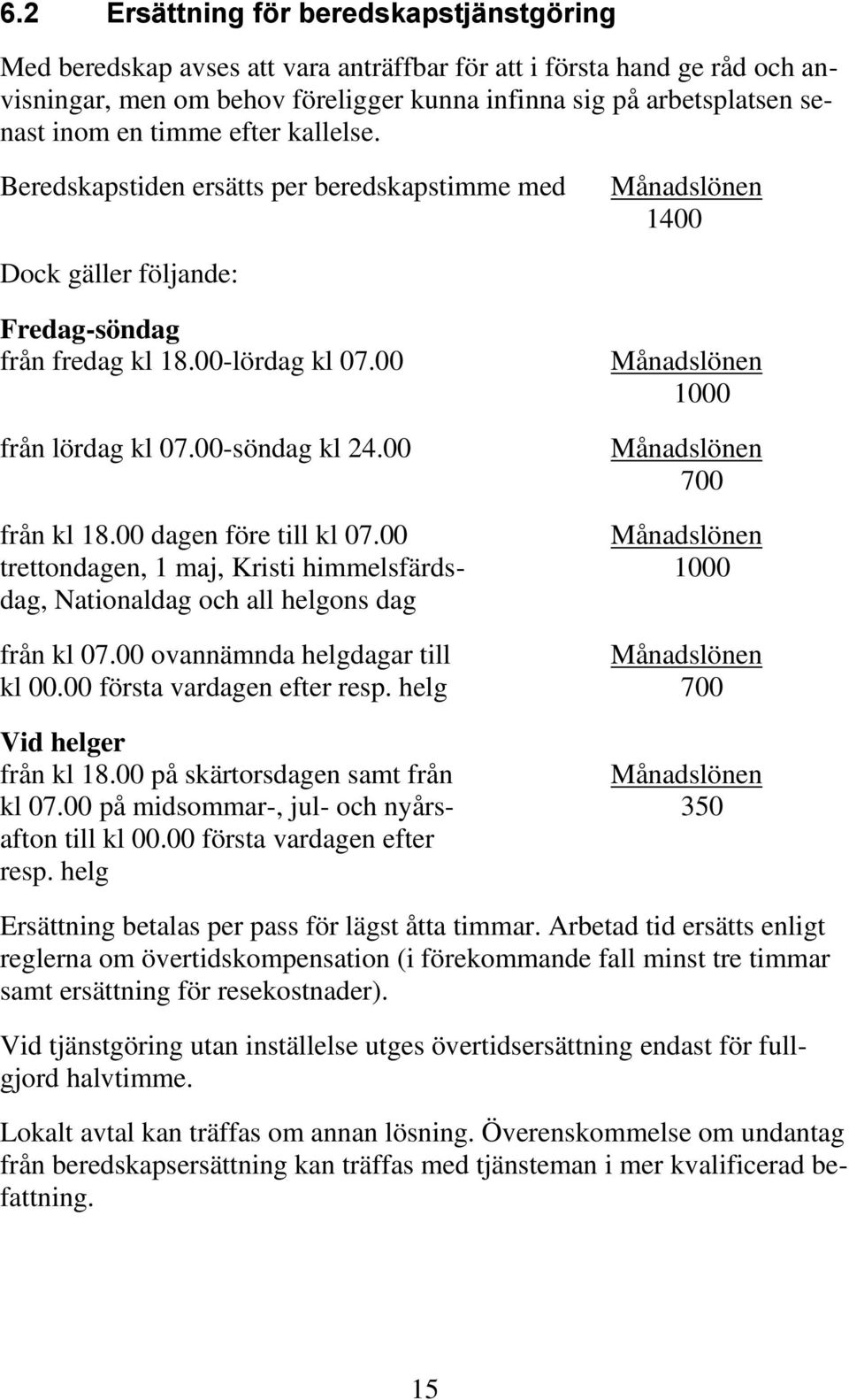 00 Månadslönen 1000 Månadslönen 700 från kl 18.00 dagen före till kl 07.00 Månadslönen trettondagen, 1 maj, Kristi himmelsfärds- 1000 dag, Nationaldag och all helgons dag från kl 07.