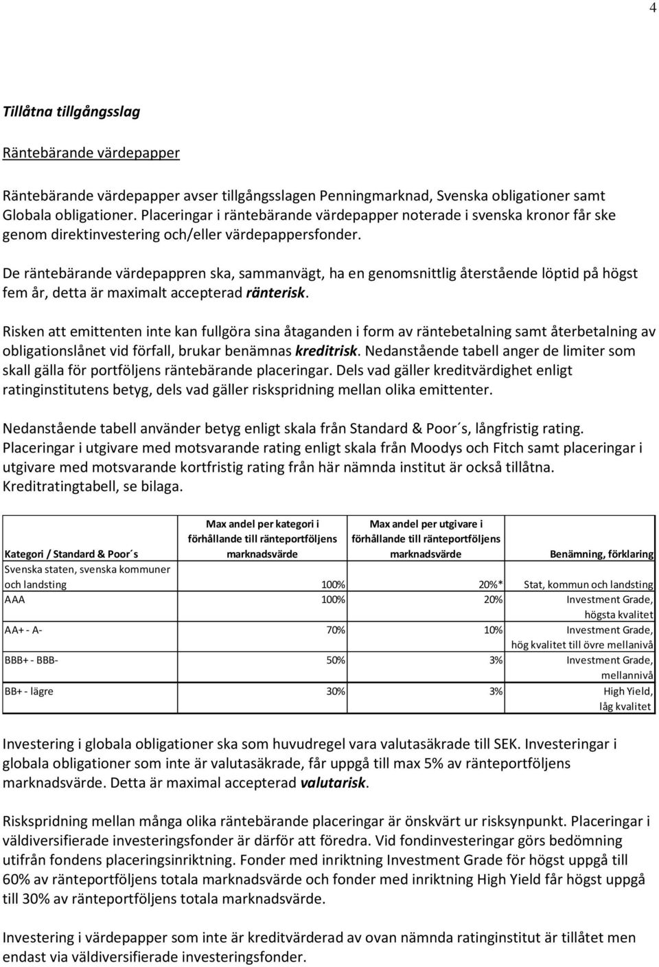 De räntebärande värdepappren ska, sammanvägt, ha en genomsnittlig återstående löptid på högst fem år, detta är maximalt accepterad ränterisk.