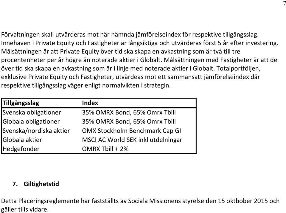 Målsättningen med Fastigheter är att de över tid ska skapa en avkastning som är i linje med noterade aktier i Globalt.