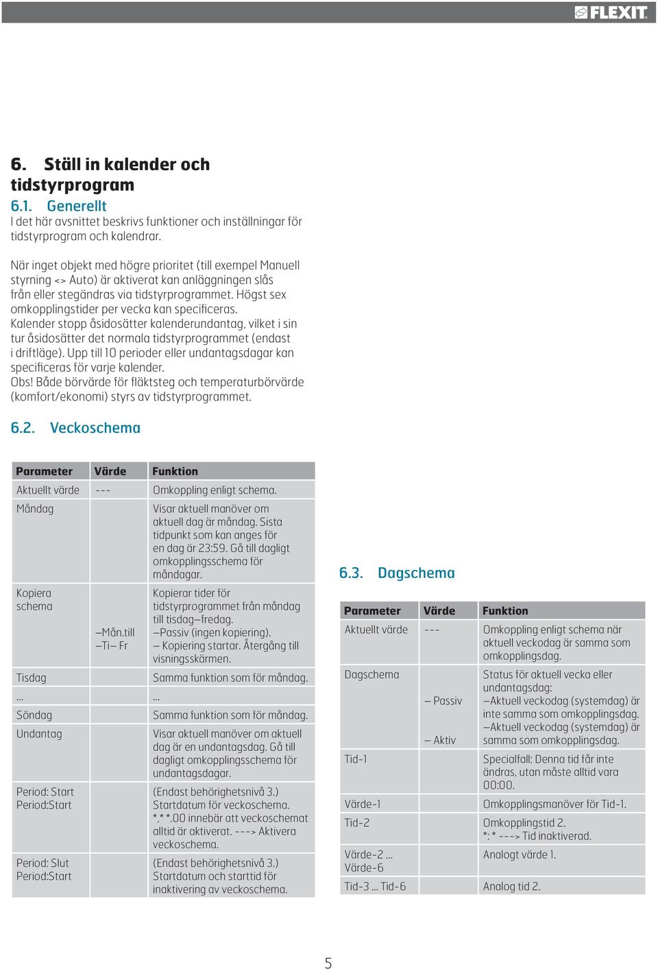 Högst sex omkopplingstider per vecka kan specificeras. Kalender stopp åsidosätter kalenderundantag, vilket i sin tur åsidosätter det normala tidstyrprogrammet (endast i driftläge).