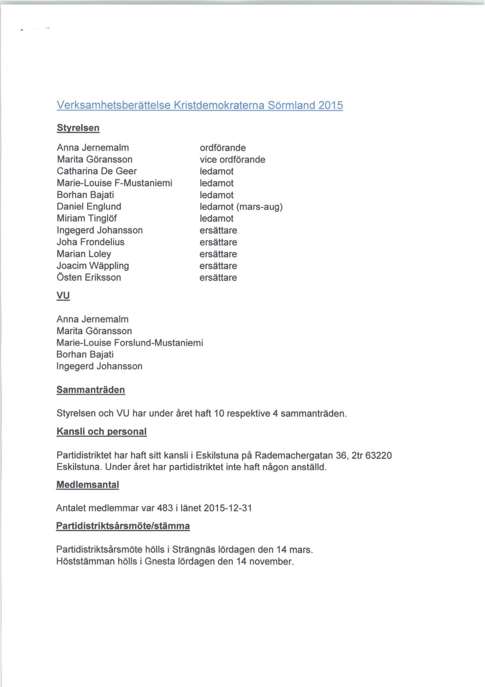 Johansson Sammanträden Styrelsen och VU har under året haft 10 respektive 4 sammanträden.