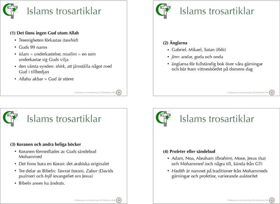 dag (3) Koranen och andra heliga böcker Koranen förmedlades av Guds sändebud Mohammed Det finns bara en Koran: det arabiska originalet Tre delar av Bibeln: Tawrat (toran), Zabur (Davids psalmer) och