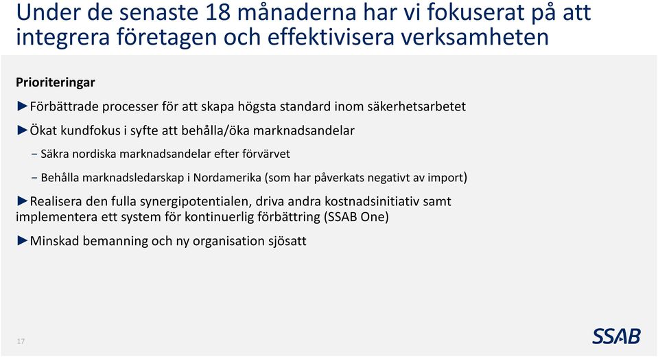 marknadsandelar efter förvärvet Behålla marknadsledarskap i Nordamerika (som har påverkats negativt av import) Realisera den fulla