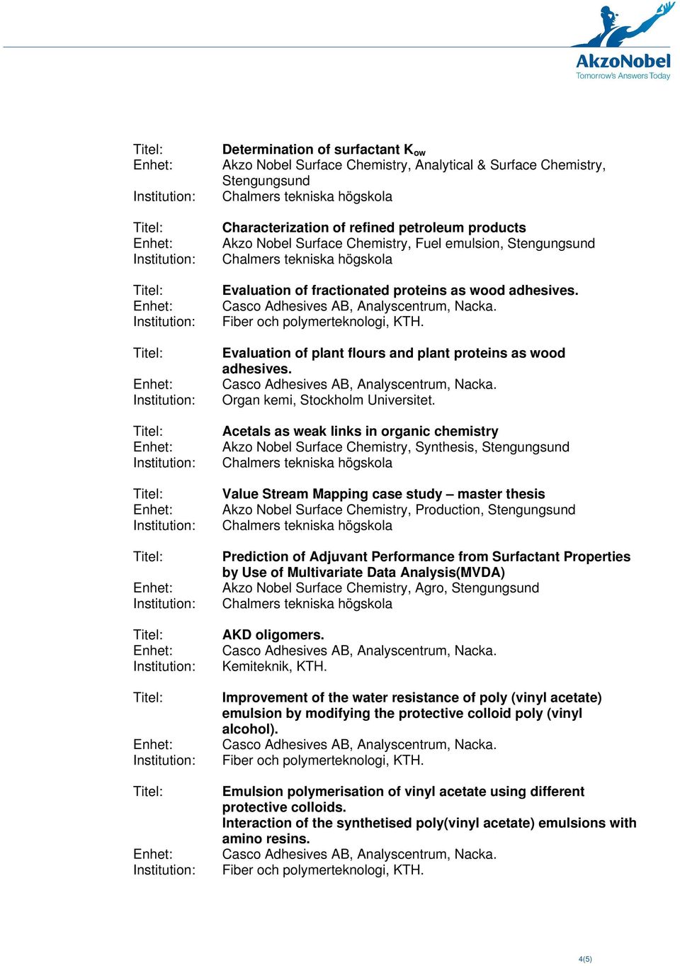 Acetals as weak links in organic chemistry Akzo Nobel Surface Chemistry, Synthesis, Stengungsund Value Stream Mapping case study master thesis Akzo Nobel Surface Chemistry, Production, Stengungsund