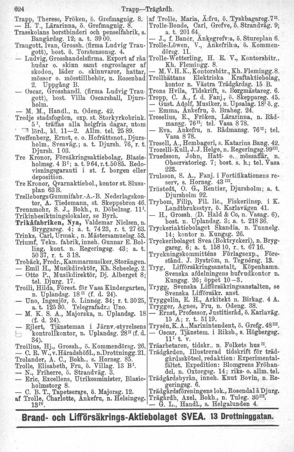 , Ankefrih:a, ö. Kommen-. gott), bost. Ö. Torstensonsg. 4. dörsg. 11. - Ludvig, Grosshandelsfirma.Export af råa- Trolle- Wetterling, H. E. V., Kontorsbitr.. hudar o.