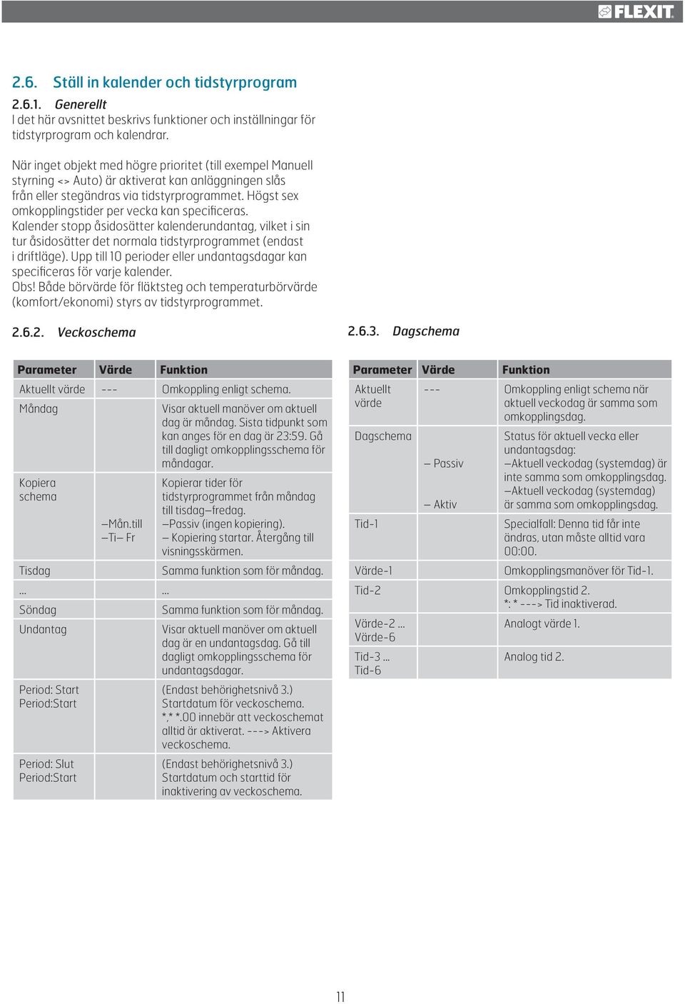Högst sex omkopplingstider per vecka kan specificeras. Kalender stopp åsidosätter kalenderundantag, vilket i sin tur åsidosätter det normala tidstyrprogrammet (endast i driftläge).