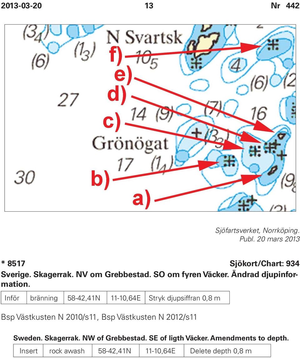 Inför bränning 58-42,41N 11-10,64E Stryk djupsiffran 0,8 m Bsp Västkusten N 2010/s11, Bsp