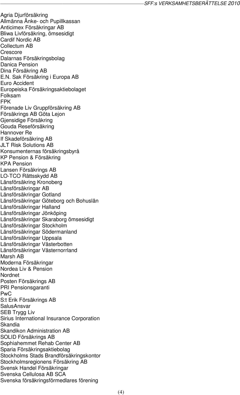 Sak Försäkring i Europa AB Euro Accident Europeiska Försäkringsaktiebolaget Folksam FPK Förenade Liv Gruppförsäkring AB Försäkrings AB Göta Lejon Gjensidige Försäkring Gouda Reseförsäkring Hannover