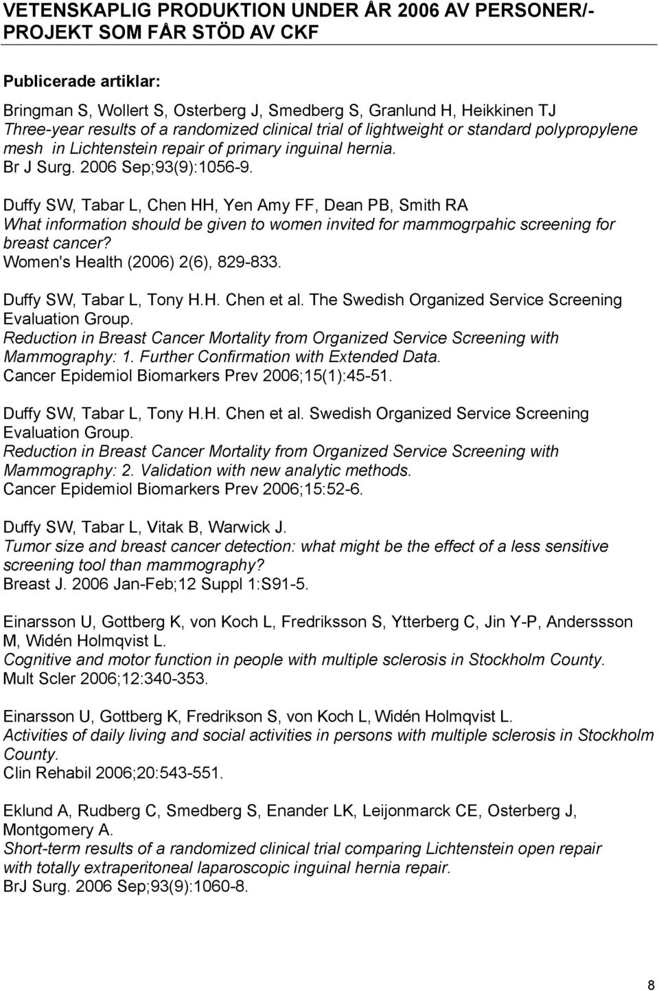 Duffy SW, Tabar L, Chen HH, Yen Amy FF, Dean PB, Smith RA What information should be given to women invited for mammogrpahic screening for breast cancer? Women's Health (2006) 2(6), 829-833.