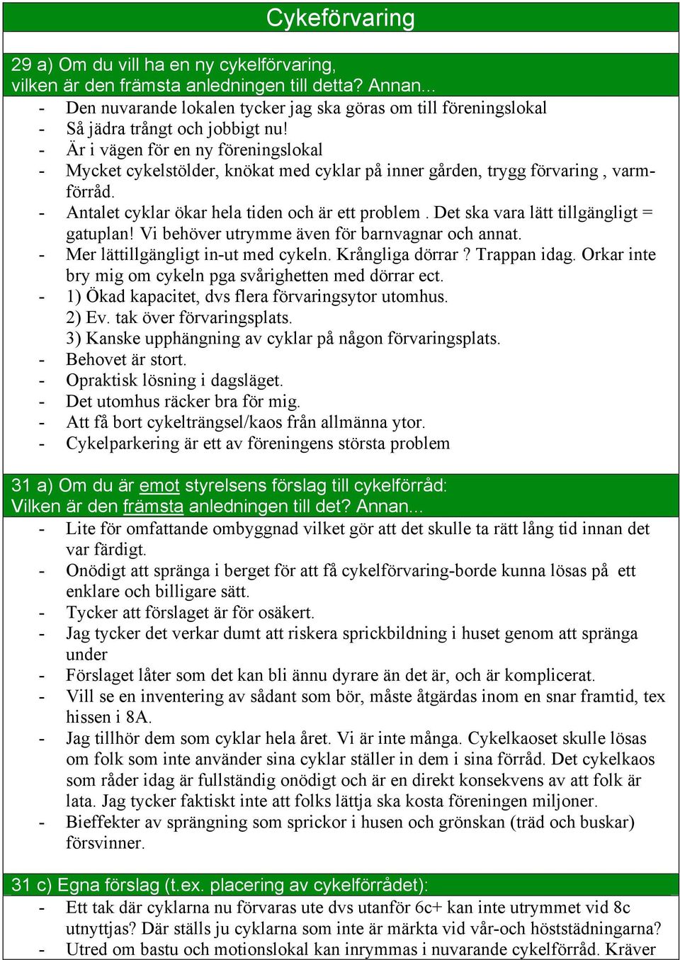 - Är i vägen för en ny föreningslokal - Mycket cykelstölder, knökat med cyklar på inner gården, trygg förvaring, varmförråd. - Antalet cyklar ökar hela tiden och är ett problem.