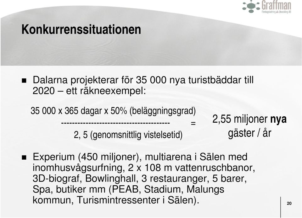 (genomsnittlig vistelsetid) gäster / år Experium (450 miljoner), multiarena i Sälen med inomhusvågsurfning, 2 x 108 m