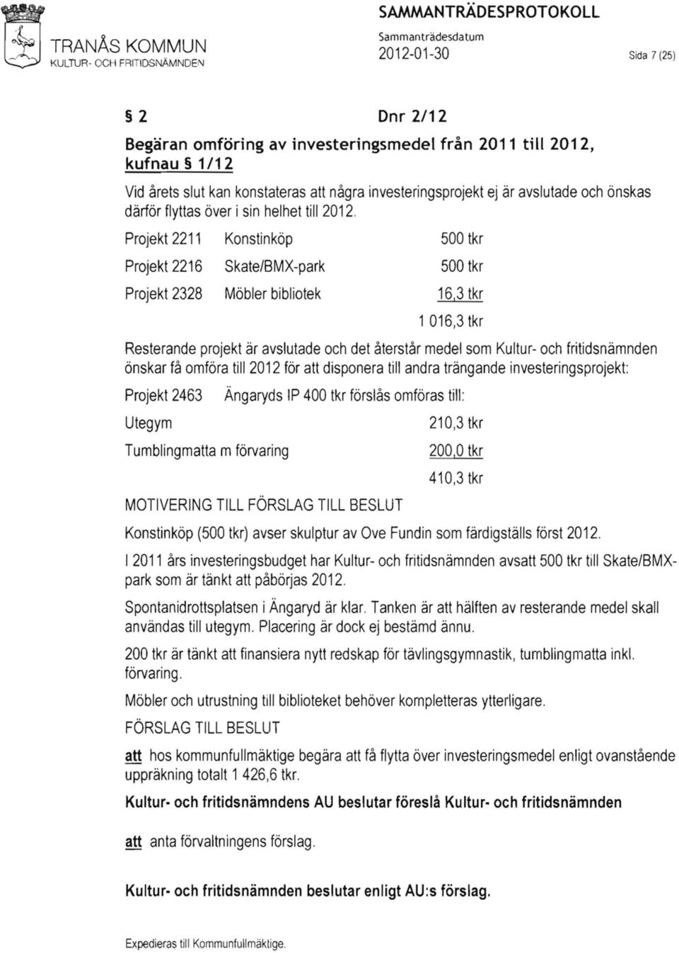 återstår medel som Kultur- och fritidsnämnden önskar få omföra till 2012 för att disponera till andra trängande investeringsprojekt: Projekt 2463 Utegym Tumblingmatta mförvaring Ängaryds lp 400 tkr