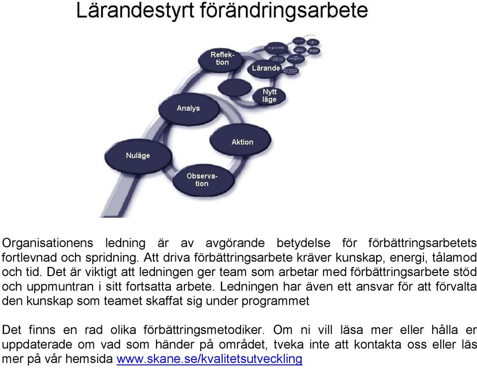 Det är viktigt att ledningen ger team som arbetar med förbättringsarbete stöd och uppmuntran i sitt fortsatta arbete.