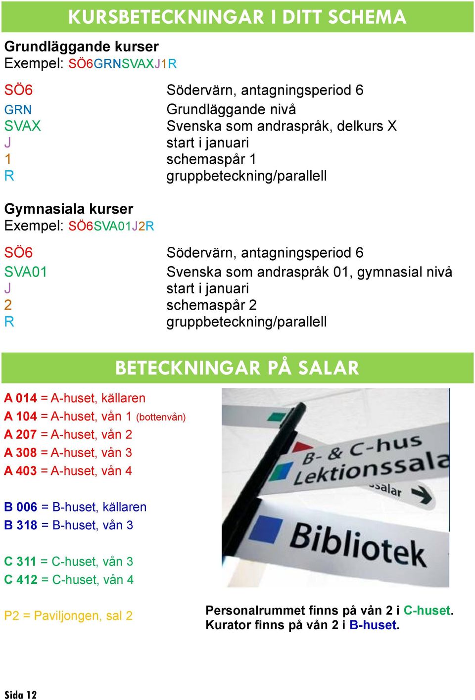 schemaspår 2 R gruppbeteckning/parallell A 014 = A-huset, källaren A 104 = A-huset, vån 1 (bottenvån) A 207 = A-huset, vån 2 A 308 = A-huset, vån 3 A 403 = A-huset, vån 4 BETECKNINGAR PÅ