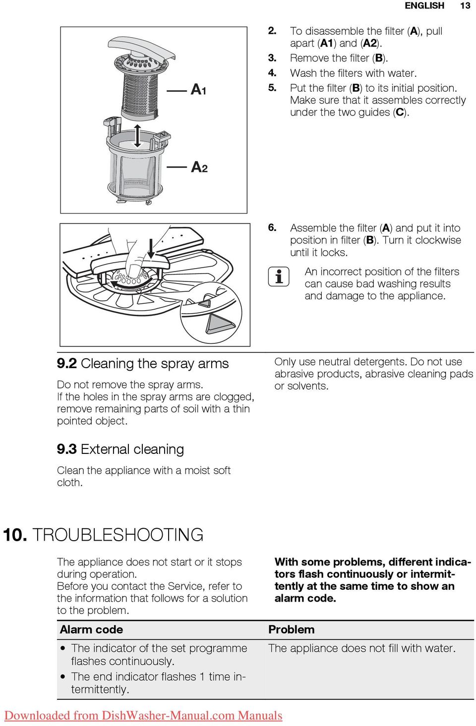 An incorrect position of the filters can cause bad washing results and damage to the appliance. 9.2 Cleaning the spray arms Do not remove the spray arms.