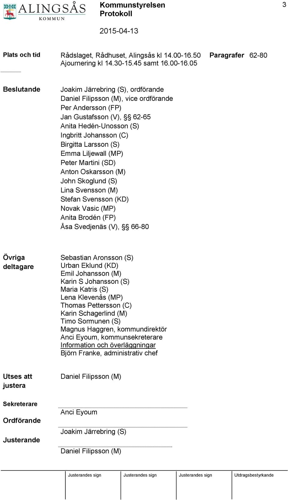 05 Paragrafer 62-80 Beslutande Joakim Järrebring (S), ordförande Daniel Filipsson (M), vice ordförande Per Andersson (FP) Jan Gustafsson (V), 62-65 Anita Hedén-Unosson (S) Ingbritt Johansson (C)