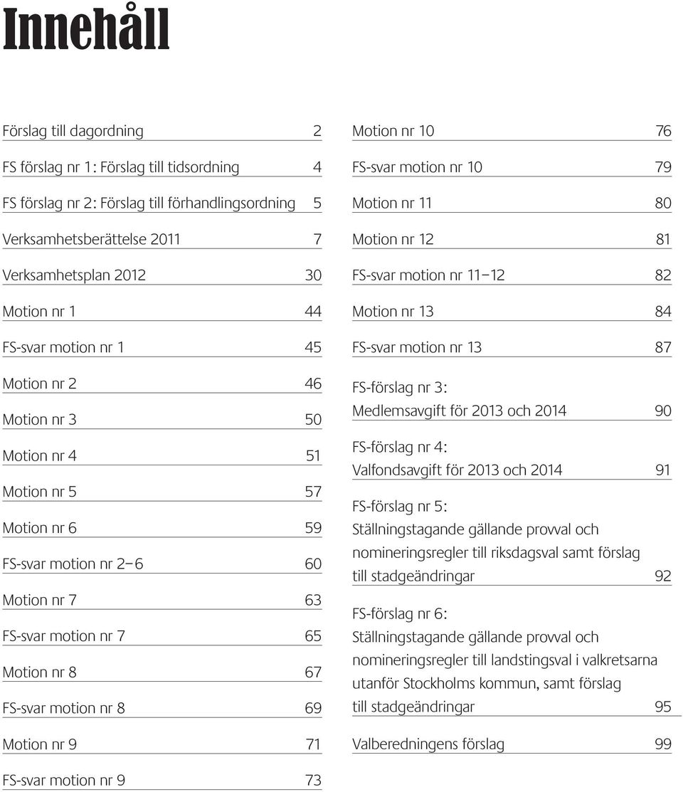 Motion nr 9 71 Motion nr 10 76 FS-svar motion nr 10 79 Motion nr 11 80 Motion nr 12 81 FS-svar motion nr 11 12 82 Motion nr 13 84 FS-svar motion nr 13 87 FS-förslag nr 3: Medlemsavgift för 2013 och