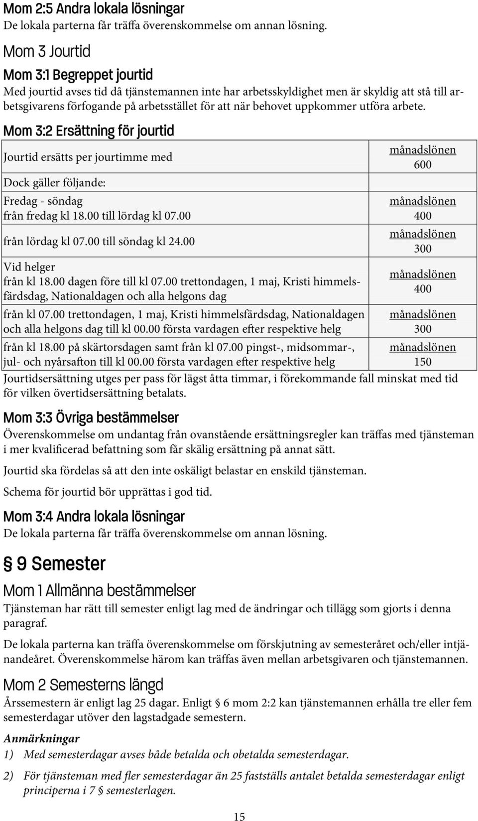 uppkommer utföra arbete. Mom 3:2 Ersättning för jourtid Jourtid ersätts per jourtimme med Dock gäller följande: Fredag - söndag från fredag kl 18.00 till lördag kl 07.00 från lördag kl 07.