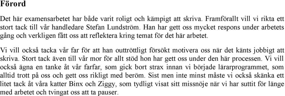 Vi vill också tacka vår far för att han outtröttligt försökt motivera oss när det känts jobbigt att skriva. Stort tack även till vår mor för allt stöd hon har gett oss under den här processen.