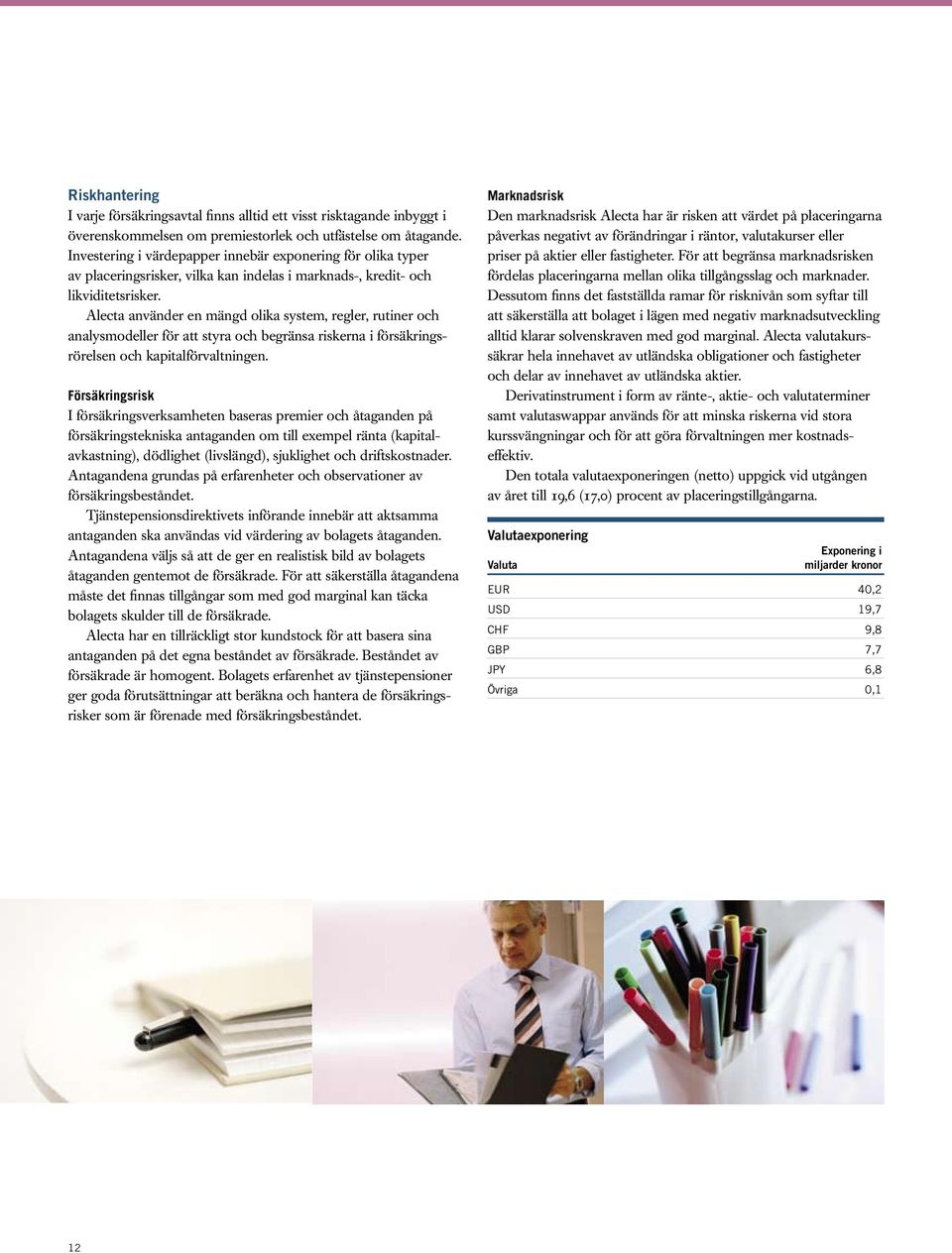 Alecta använder en mängd olika system, regler, rutiner och analysmodeller för att styra och begränsa riskerna i försäkringsrörelsen och kapitalförvaltningen.