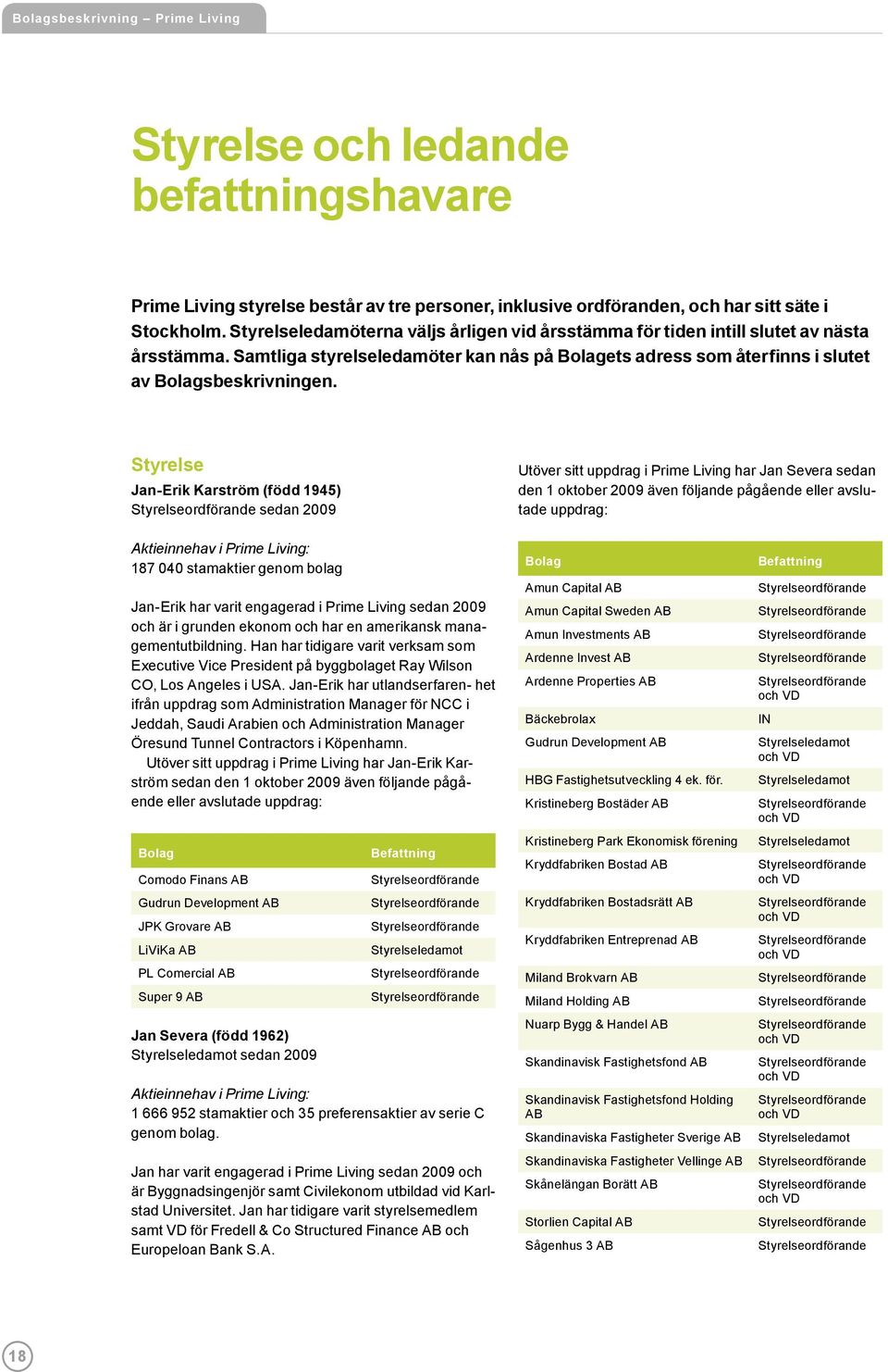 Styrelse Jan-Erik Karström (född 1945) sedan 2009 Utöver sitt uppdrag i Prime Living har Jan Severa sedan den 1 oktober 2009 även följande pågående eller avslutade uppdrag: Aktieinnehav i Prime