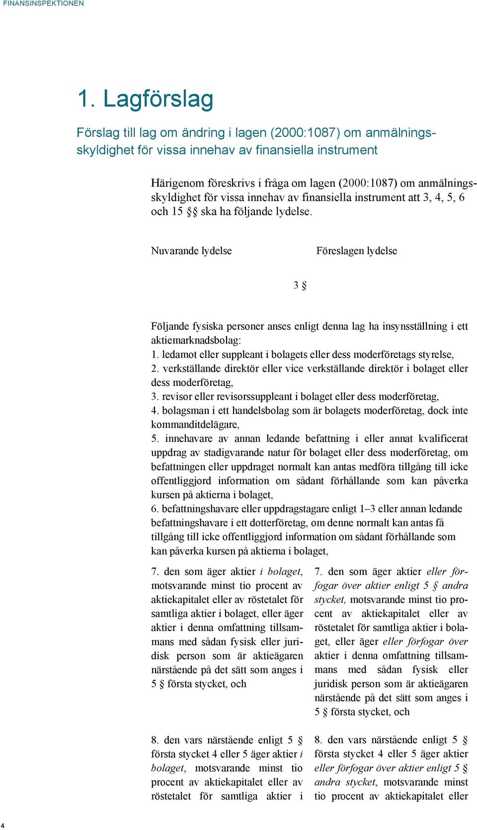 Nuvarande lydelse Föreslagen lydelse 3 Följande fysiska personer anses enligt denna lag ha insynsställning i ett aktiemarknadsbolag: 1.