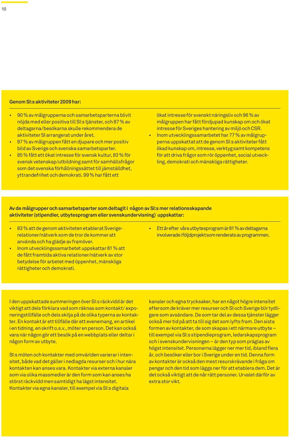 85 % fått ett ökat intresse för svensk kultur, 83 % för svensk vetenskap/utbildning samt för samhällsfrågor som det svenska förhållningssättet till jämställdhet, yttrandefrihet och demokrati.