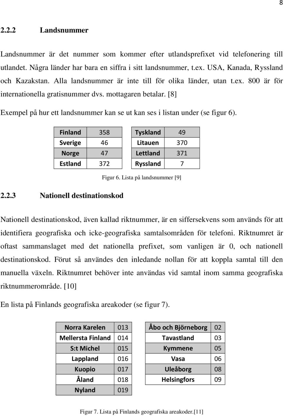 [8] Exempel på hur ett landsnummer kan se ut kan ses i listan under (se figur 6). Finland 358 Sverige 46 Norge 47 Estland 372 Tyskland 49 Litauen 370 Lettland 371 Ryssland 7 Figur 6.