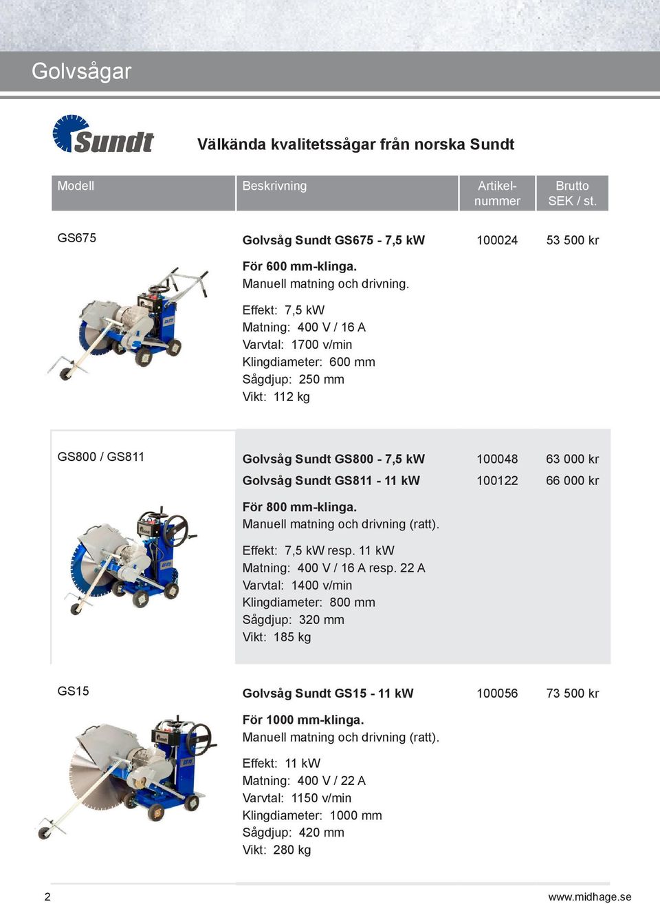 GS800-7,5 kw 100048 63 000 kr Golvsåg Sundt GS811-11 kw 100122 66 000 kr För 800 mm-klinga. Manuell matning och drivning (ratt). Effekt: 7,5 kw resp.