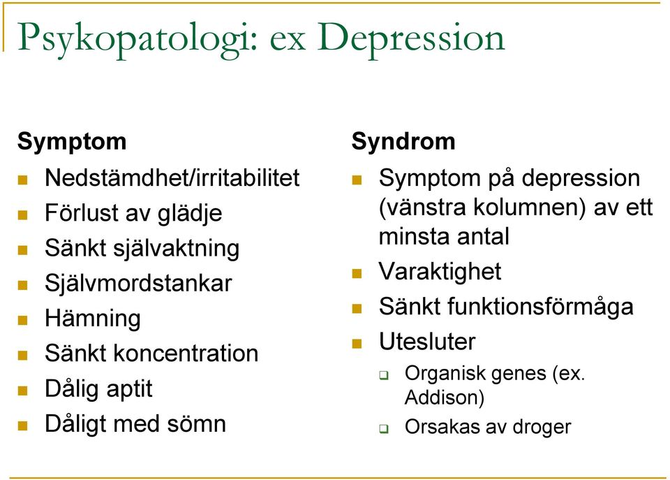 med sömn Syndrom Symptom på depression (vänstra kolumnen) av ett minsta antal