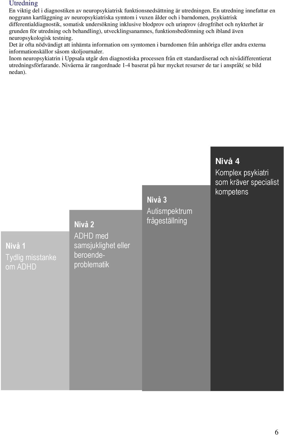 (drogfrihet och nykterhet är grunden för utredning och behandling), utvecklingsanamnes, funktionsbedömning och ibland även neuropsykologisk testning.