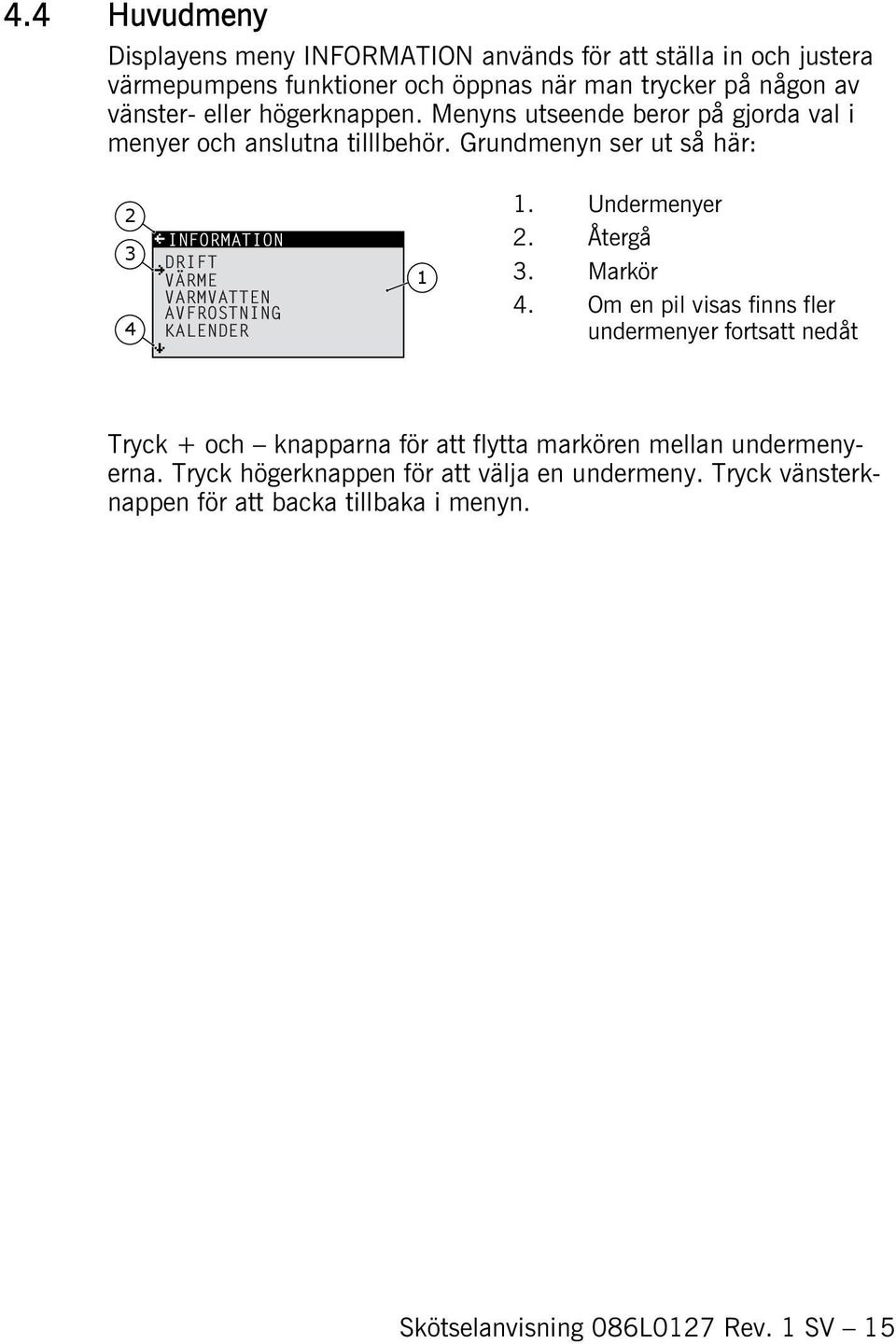 Grundmenyn ser ut så här: 2 3 4 INFORMATION DRIFT VÄRME VARMVATTEN AVFROSTNING KALENDER 1 1. Undermenyer 2. Återgå 3. Markör 4.