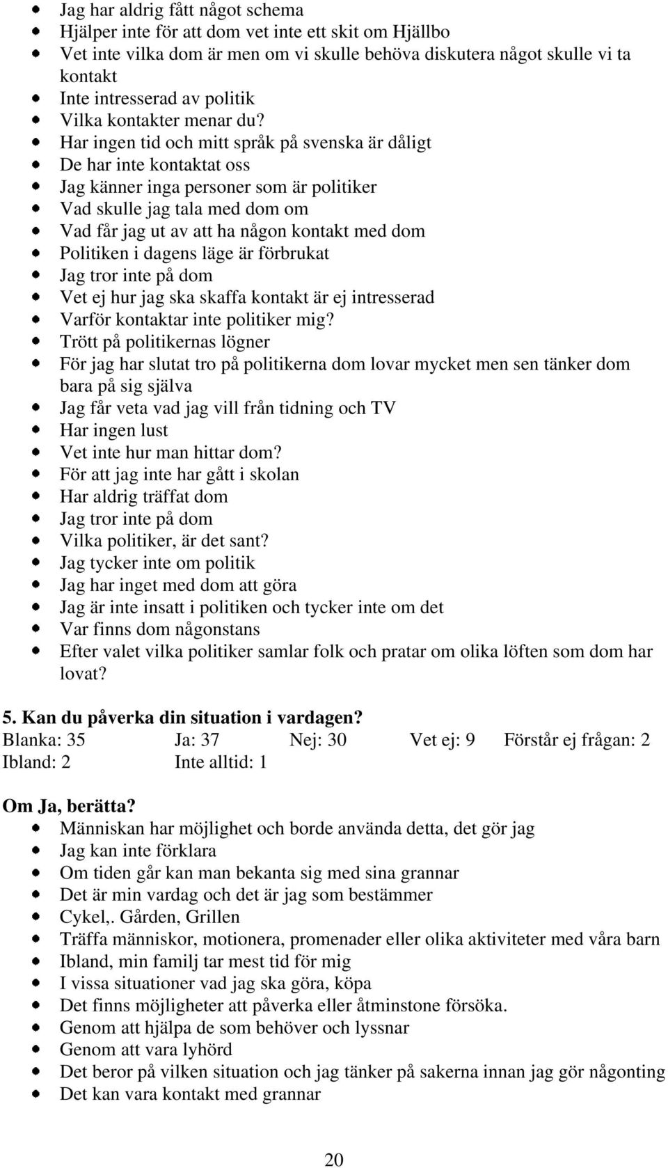 Har ingen tid och mitt språk på svenska är dåligt De har inte kontaktat oss Jag känner inga personer som är politiker Vad skulle jag tala med dom om Vad får jag ut av att ha någon kontakt med dom