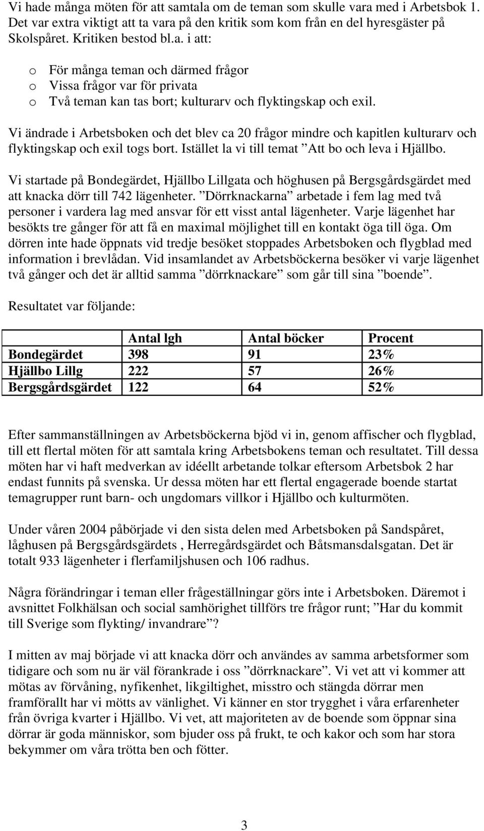 Vi startade på Bondegärdet Hjällbo Lillgata och höghusen på Bergsgårdsgärdet med att knacka dörr till 74 lägenheter.