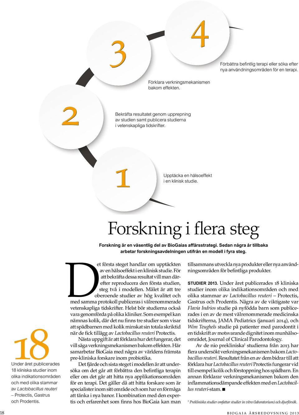 Forskning i flera steg Forskning är en väsentlig del av BioGaias affärsstrategi. Sedan några år tillbaka arbetar forskningsavdelningen utifrån en modell i fyra steg.