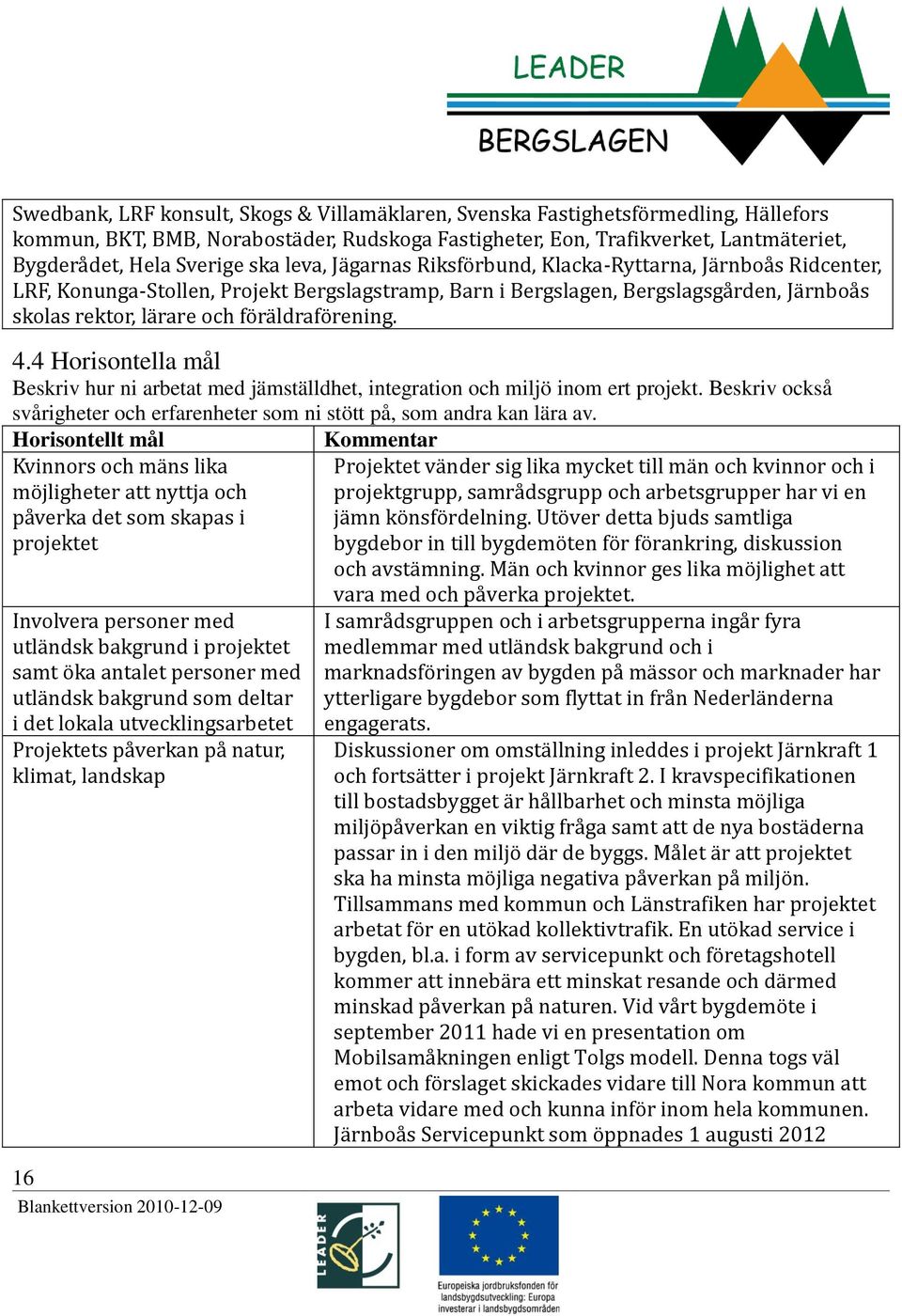 föräldraförening. 4.4 Horisontella mål Beskriv hur ni arbetat med jämställdhet, integration och miljö inom ert projekt.