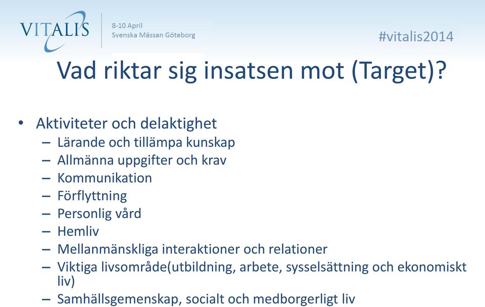 Kommunikation Förflyttning Personlig vård Hemliv Mellanmänskliga interaktioner och