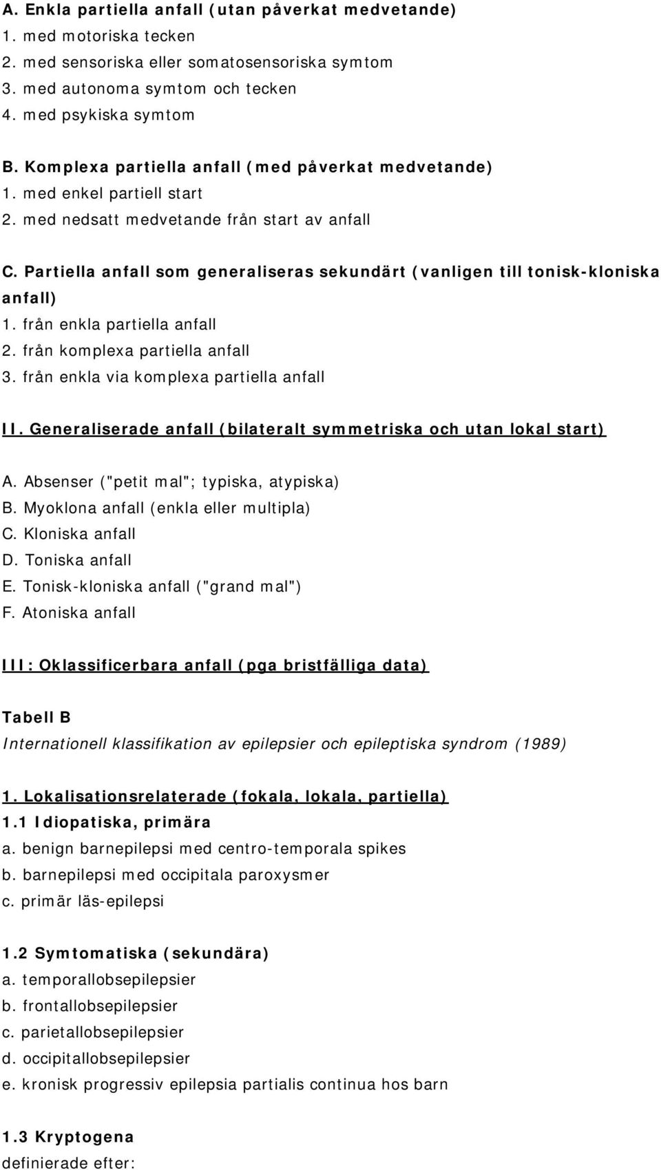 Partiella anfall som generaliseras sekundärt (vanligen till tonisk-kloniska anfall) 1. från enkla partiella anfall 2. från komplexa partiella anfall 3. från enkla via komplexa partiella anfall II.