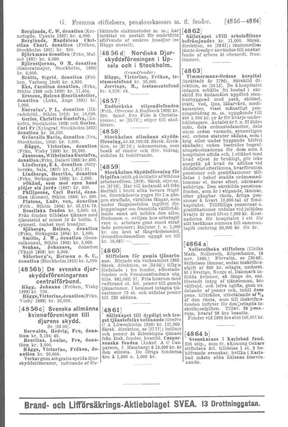 Erssons, Helena Henriksdotter, donation (Änka, Ånge 1891) kr. 1,WO. Eurenius', P L, donation (Hä. radshöfd., Sthlm 1910) kr. 10,~00.