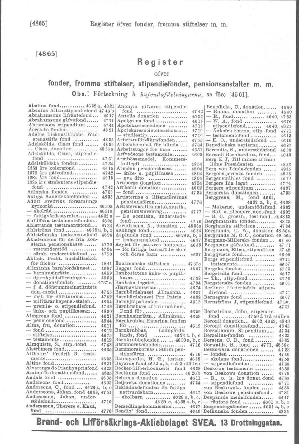 .... 4856a ådelskölds, Claes, sttpendtefond......... 47:51 Adelaköl.dska fonden... 4734 1853 är. kolerafond 4615 1872 ärs gåfvofond....... 4742 1884 ärs fond........... 4615 1885års studenters stipendiefond.