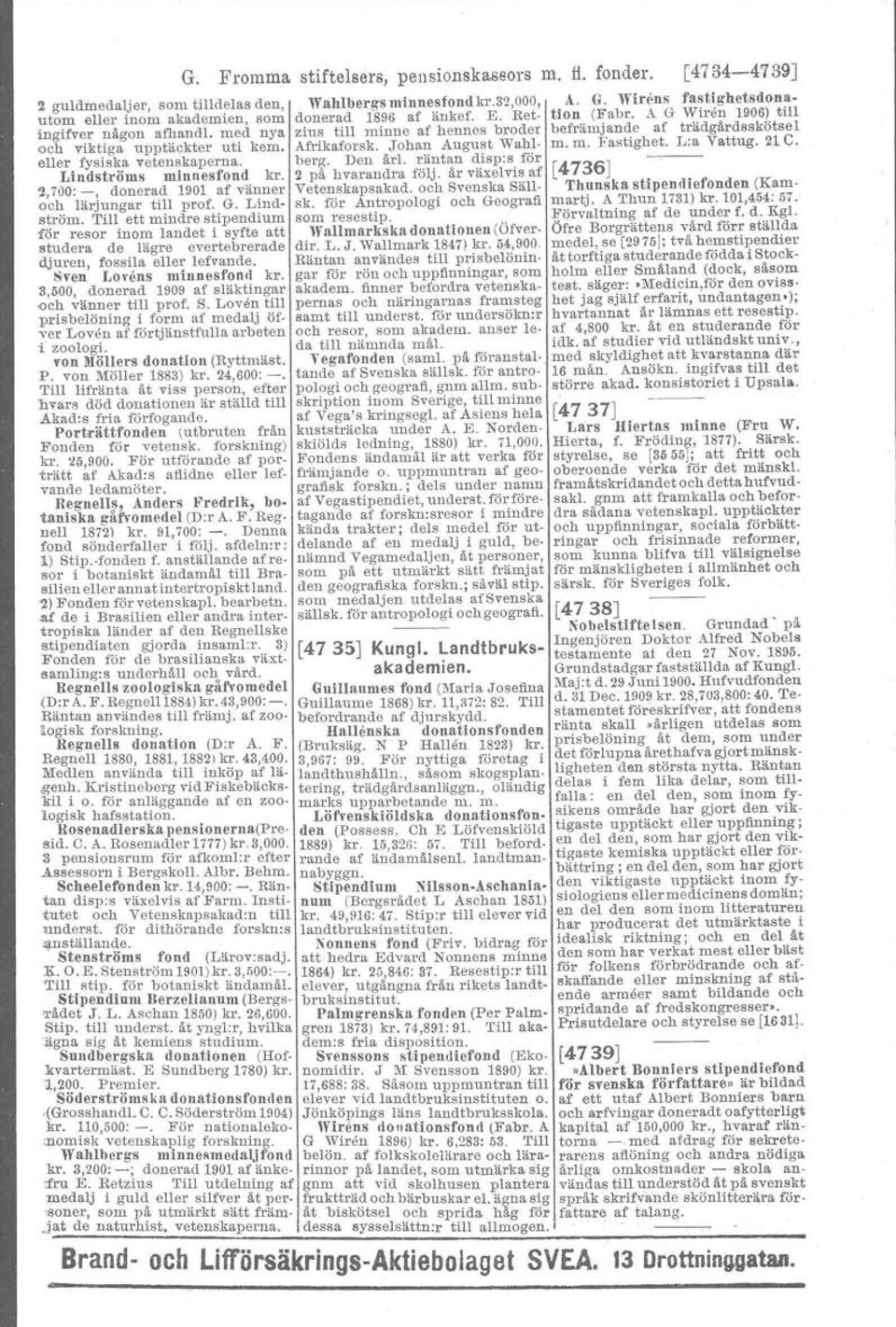 A G Wiren 1906)till ztus till minne af hennes broder befrämjande af trädgårdsskötsel Afrikaforsk. Johan August Wahl- m. m. Fastighet. L:a Vattug. 21 C. berg. Den år!. räntan disp:s för [4736J -.