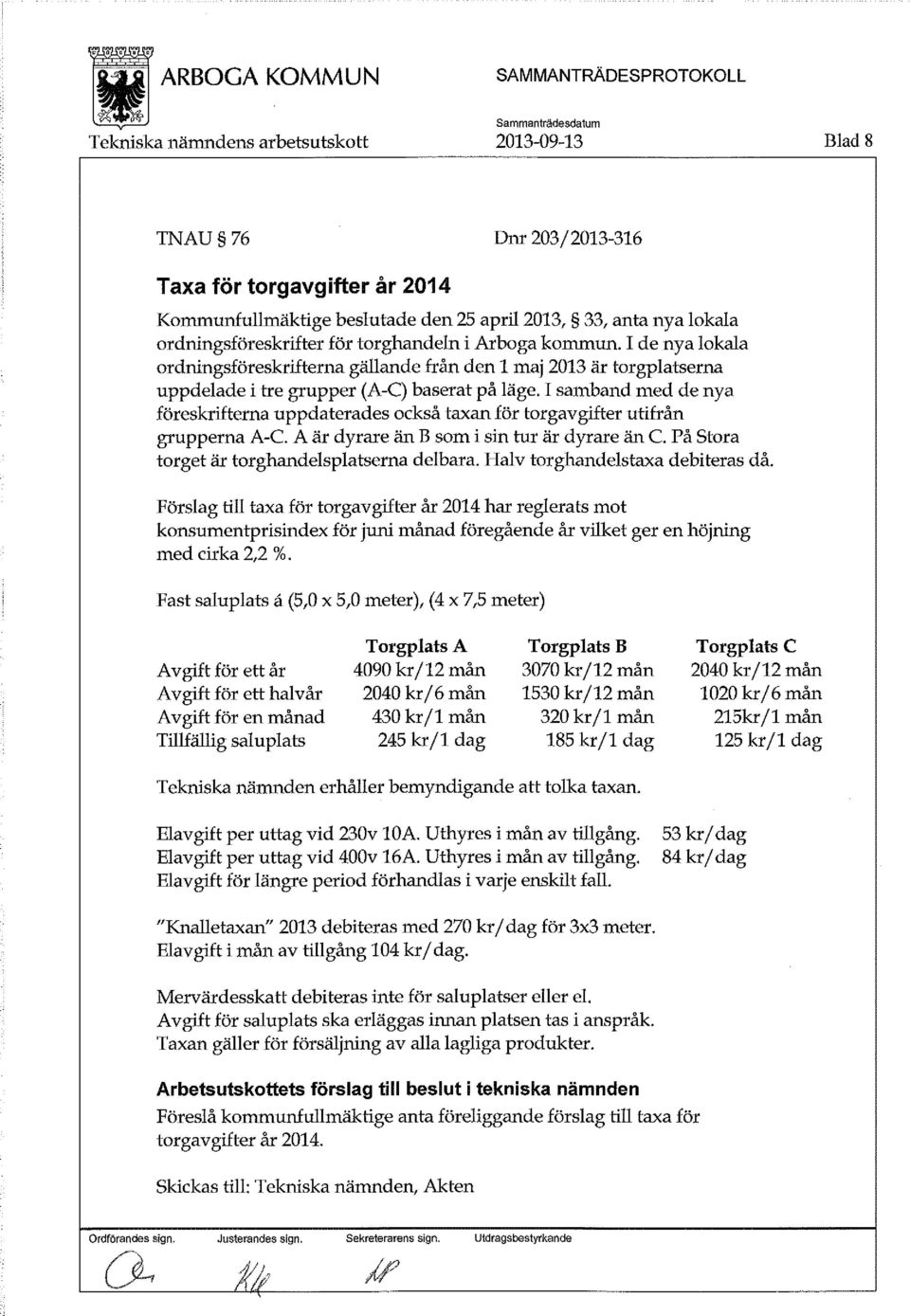 I samband med de nya föreskrifterna uppdaterades också taxan för torgavgifter utifrån grupperna A-C. A är dyrare än B som i sin tur är dyrare än C. På Stora torget är torghandelsplatserna delbara.